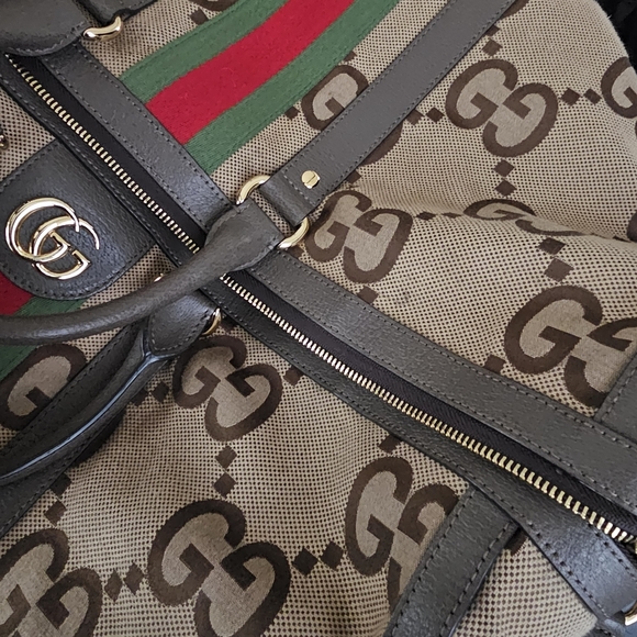 Gucci Monogram Jumbo GG Textured Dollar Calfskin Web Large Duffle  Camel Ebony - Picture 13 of 13